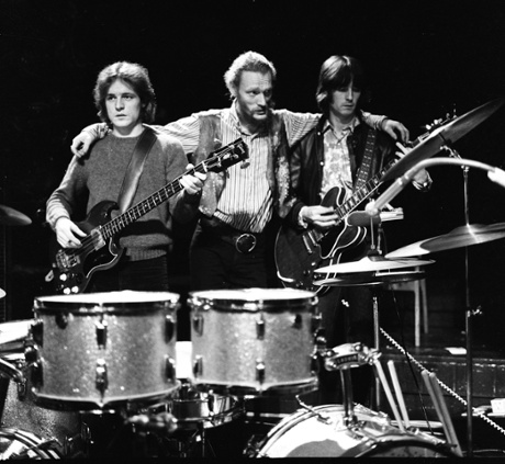 Ginger Baker (centre) with Jack Bruce and Eric Clapton in Cream.