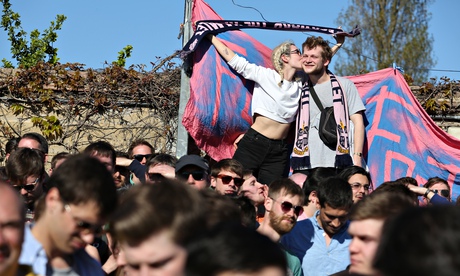 Dulwich Hamlet FC fans with banners at match