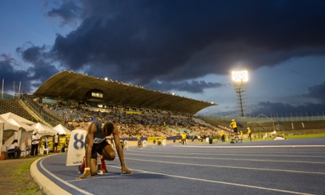 On your marks: Jamaican sprinters at the Champs.
