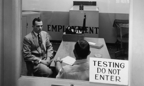 A job applicant is interviewed at the Cities Service Oil Company refinery at Lake Charles, Louisiana, circa 1955