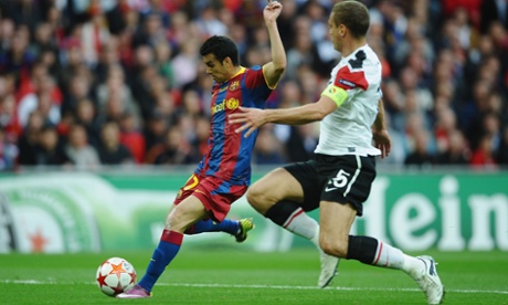Pedro scores the opening goal for Barcelona in the 2011 Champions League final at Wembley against Manchester United.