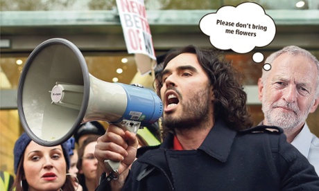 Russell Brand doing what he does best. Inset, Jeremy Corbyn. Photographs: Getty Images. Composite: Guardian Imaging