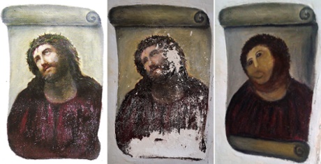  the original version of the painting Ecce Homo (L) by 19th-century painter Elias Garcia Martinez, the deteriorated version (C) and the restored version by an elderly woman in Spain. An elderly woman's catastrophic attempt to 