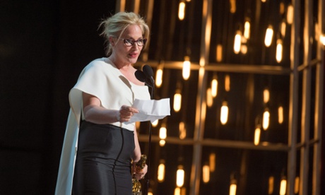 Patricia Arquette accepts the Oscar for actress in a supporting role for Boyhood – and also highlighted pay disparity.
