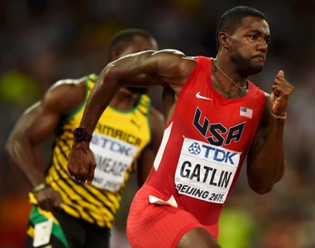 Justin Gatlin on his way to winning his Men's 200 metres heat.