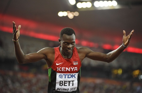 Kenya’s Nicholas Bett takes a bow after winning gold in the men’s 400m hurdles.