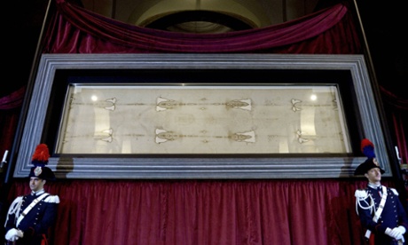 A detail of the Turin Shroud on display at the cathedral in Turin, Italy, April 2015.