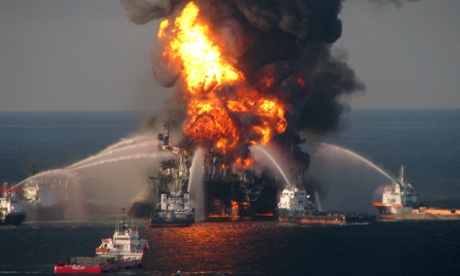 Fire boats battle the blazing remnants of the off-shore oil rig Deepwater Horizon in the Gulf of Mexico on April 21, 2010 near New Orleans, Louisiana.