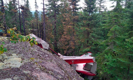 The wreckage of a de Havilland Beaver float plane which crashed in a remote area near Les Bergeronnes, Quebec, killing six people.