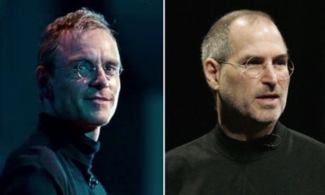 Steve Jobs in real life, right, and as played by Michael Fassbender, left.