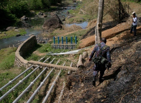 The ram pump extracting water from a stream