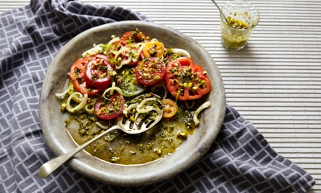 Maryann Sinaee's tomato and fennel salad with pistachio pesto runs off with the raw recipe prize this week...