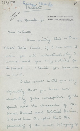 First page of a letter from Evelyn Sharp to CP Scott, 22 November 1911.