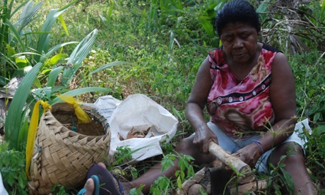 Judite Teodora dos Santos, breaking babassu in a palm grove in Maranhao.