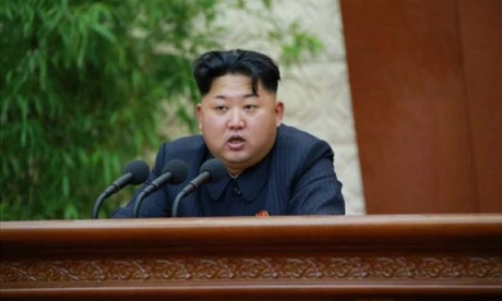A undated photograph from official North Korean media shows Kim Jong-un speaking at the Central Military Commission.