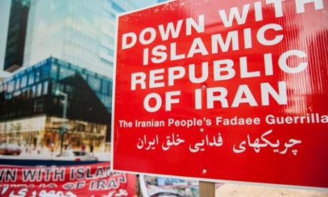 27 Aug 2015, Montreal, Quebec, Canada --- Montreal, Canada. 27th August 2015 -- A sign reads 'Down with Islamic republic of Iran' as a group of Iranians rally to protest the Iranian big budget movie 