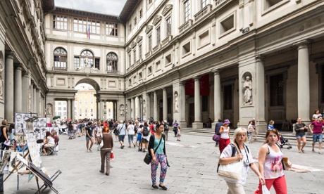 Tourists strolling in the Uffizi gallery in Florence. Economic confidence declined in Italy, although grew modestly across the eurozone.