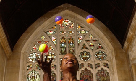  Performer juggling at Circomedia circus training school based in St Pauls Church, Portland Square, St Pauls, Bristol