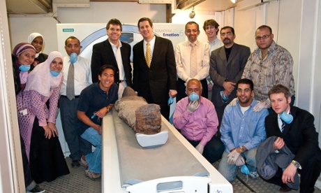 The Horus team in Cairo with a mummy who died between 30BC and 304BC.