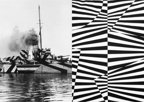 'Dazzle' camouflage on a first world war battleship, and Patternity's own design inspired by zebra stripes.