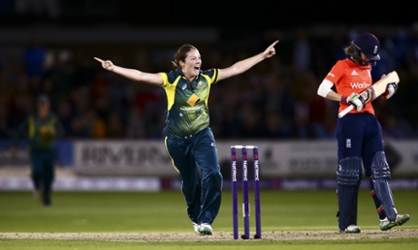 Rene Farrell of Australia celebrates the wicket of Lydia Greenway to win the Women's Ashes during the second Twenty20 at Hove.