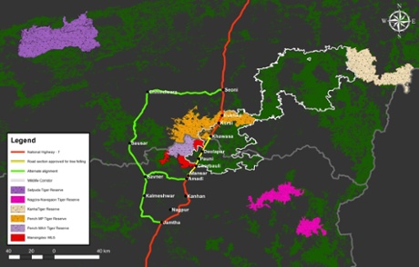 NH7 cuts through a mosaic of forests, while the alternate NH69 is more conservation friendly.