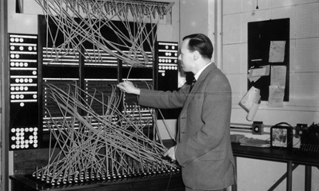 28th May 1951:  A worker operates the switchboard at the Central Telegraph Station in Electra House, London, the largest telegraph station in the world.
