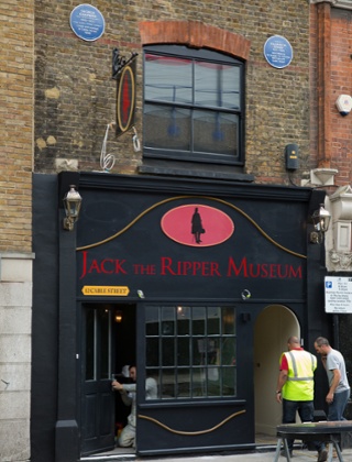 The blue plaques are made to resemble the official English Heritage signs. They commemorate suspected culprit George Chapman, and the fourth victim, Elizabeth Stride.
