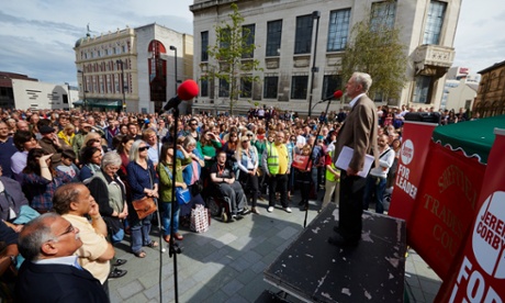 Jeremy Corbyn addressing an overflow campaign rally outside the Crucible Theatre in Sheffield, South Yorkshire, on Saturday.