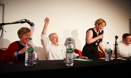 Jeremy Corbyn, flanked by actor Julie Hesmondhalgh ( left) and Salford and Eccles Labour MP Rebecca Long-Bailey, reacting to the applause after addressing his campaign rally at the Sheridan Suite in Newton Heath, Manchester.