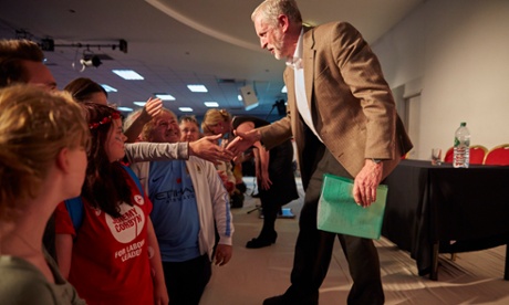 Labour leadership candidate Jeremy Corbyn shaking hands with supporters after addressing his campaign rally at the Sheridan Suite in Manchester.