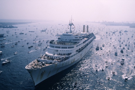 The Canberra, part of the Falklands taskforce, returns in triumph.