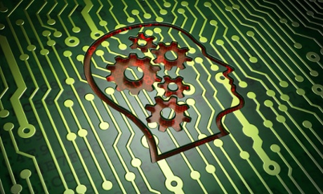 Circuitboard with an outline of a head containing cogs etched into the surface