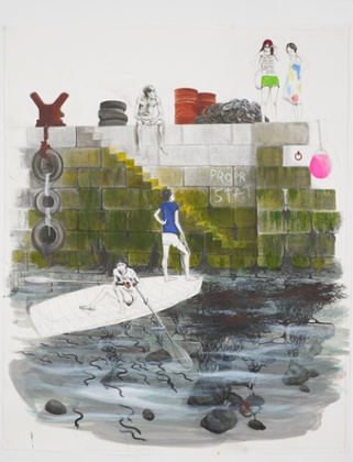 Two Guys in Boat Approaching Quayside by Charles Avery.