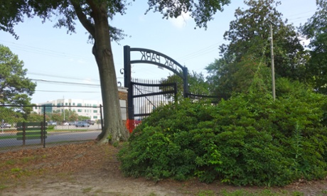 Oak Park entrance seen from where the swimming pool once was