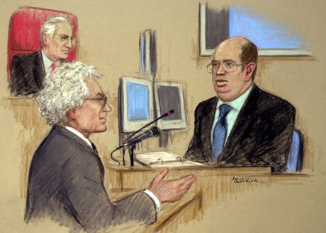 A courtroom sketch of Sumption questioning the BBC journalist Andrew Gilligan during the Hutton inquiry.