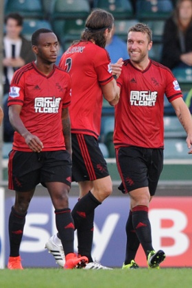 Rickie Lambert of West Brom celebrates with team mates after scoring Bristol Rovers v West Brom, 31 Jul 2015.