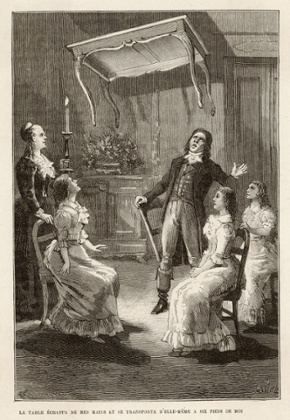 An engraving of the Fox Sisters’ 1848 spiritualist hoax.