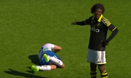 Andreas Johansson (left) has apologised for how he reacted to walking into Mohamed Bangura’s arm. Photograph: YouTube