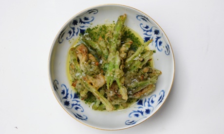 Runner bean fritters and clam broth