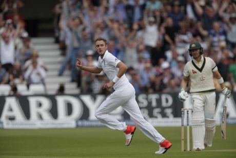 Broad celebrates his fith wicket of the day.
