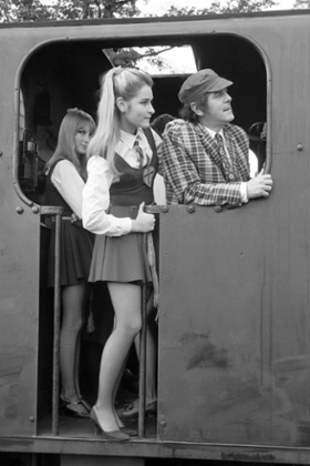 George Cole on location for the filming of The Great St Trinian's Train Robbery at Longmoor army camp, Hampshire.