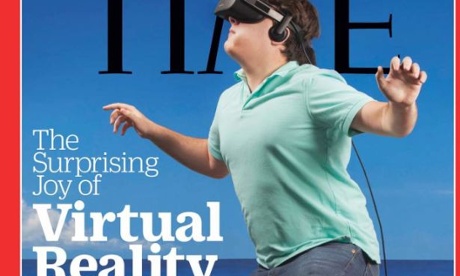 Oculus's Palmer Luckey jumps for joy on the cover of Time magazine.