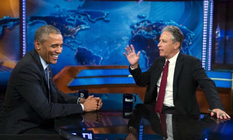 President Barack Obama, left, appears with Jon Stewart in July.