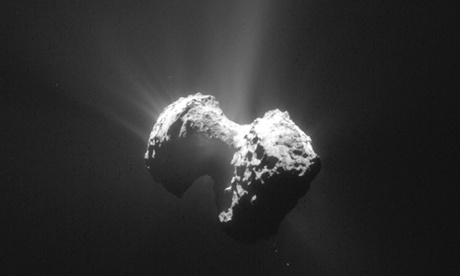A photo of comet 67P/Churyumov-Gerasimenko taken in July by the Rosetta spacecraft orbiting 106 miles above it.
