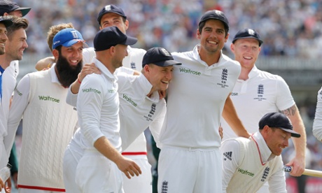 Alistair Cook and the rest of the England team celebrate victory and regaining the Ashes on a lap of honour during day three of the 4th Ashes test match England v Australia at Trent Bridge on August 8th 2015 in Nottingham (Photo by Tom Jenkins)