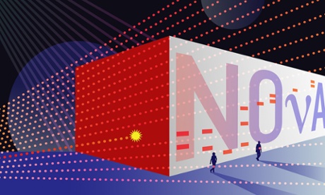 A cartoon of the Noνa far detector. Bathed in neutrinos from Fermilab, it catches a few of them
