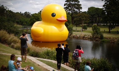 The giant inflatable Rubber Duck installation floats on the Parramatta River, as part of the 2014 Sydney Festival, in Western Sydney.
