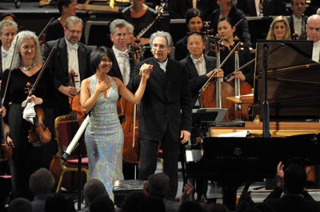 Yuja Wang takes the applause with conductor Michael Tilson Thomas.