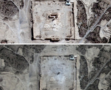 Two satellite images show the destructyion of the Temple of Bel in Palmyra.